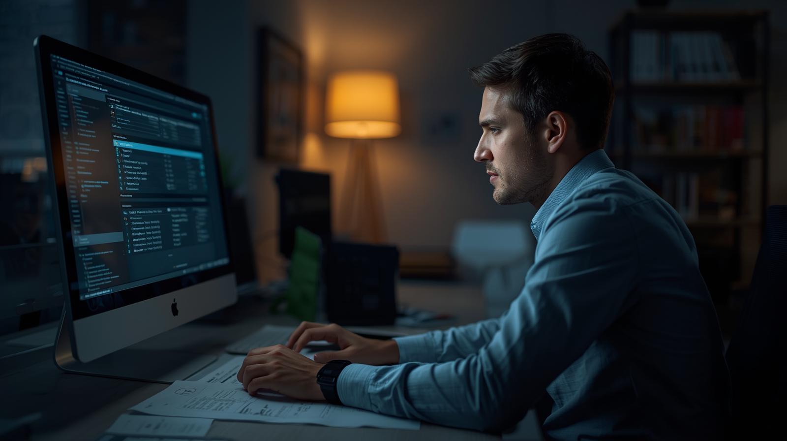 crea una imagen donde salga una persona revisando un informe y un computador en una oficina